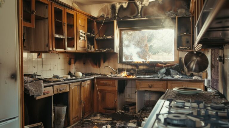 Une cuisine gravement endommagée par un incendie, avec des meubles brûlés et des traces de fumée sur les murs. Illustration d'un sinistre domestique nécessitant l'intervention d'un expert en assurance habitation pour évaluer les dommages et déterminer l'indemnisation