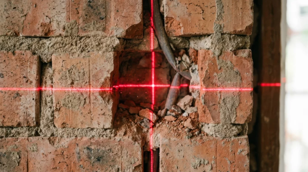 Vue sur un mur du tracé en croix d'un niveau laser jour dans une maison en travaux